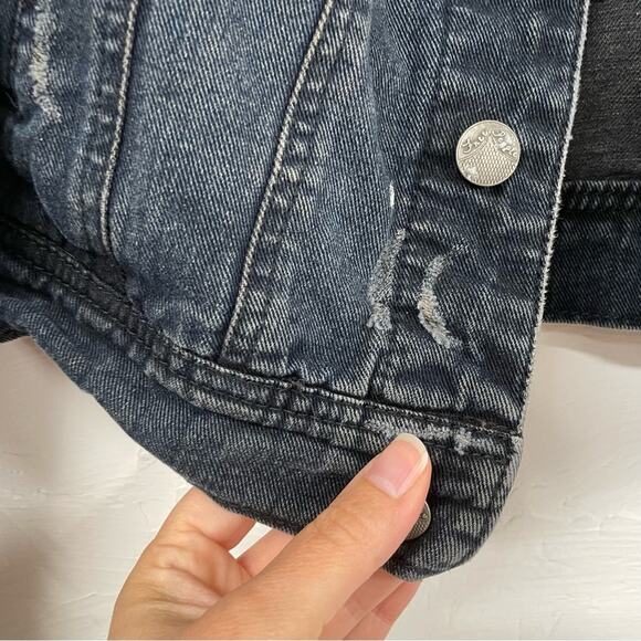 Free People Denim Hoodie Jacket With Grey Sweater Sleeve Womens S Blue Jean - Picture 6 of 10